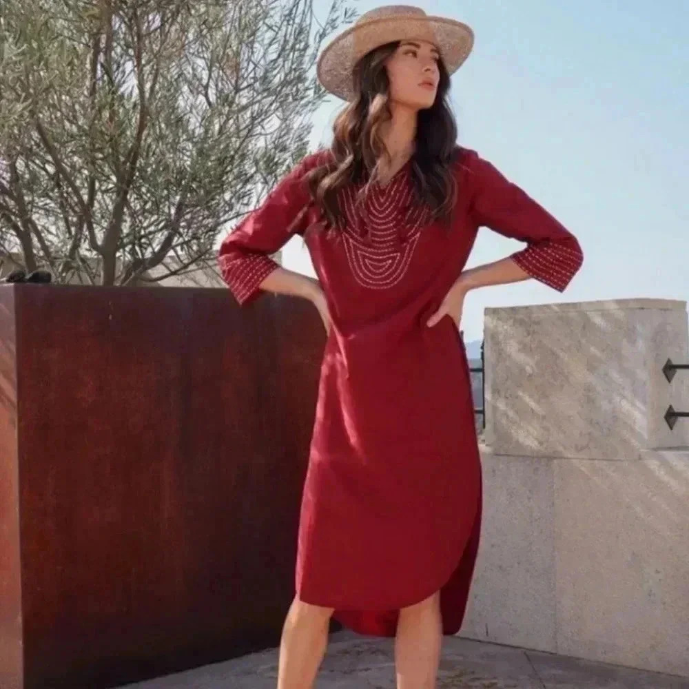 Souk Indigo Cotton Silk Embroidered Caftan Dress XL Boho Luxe Burgundy